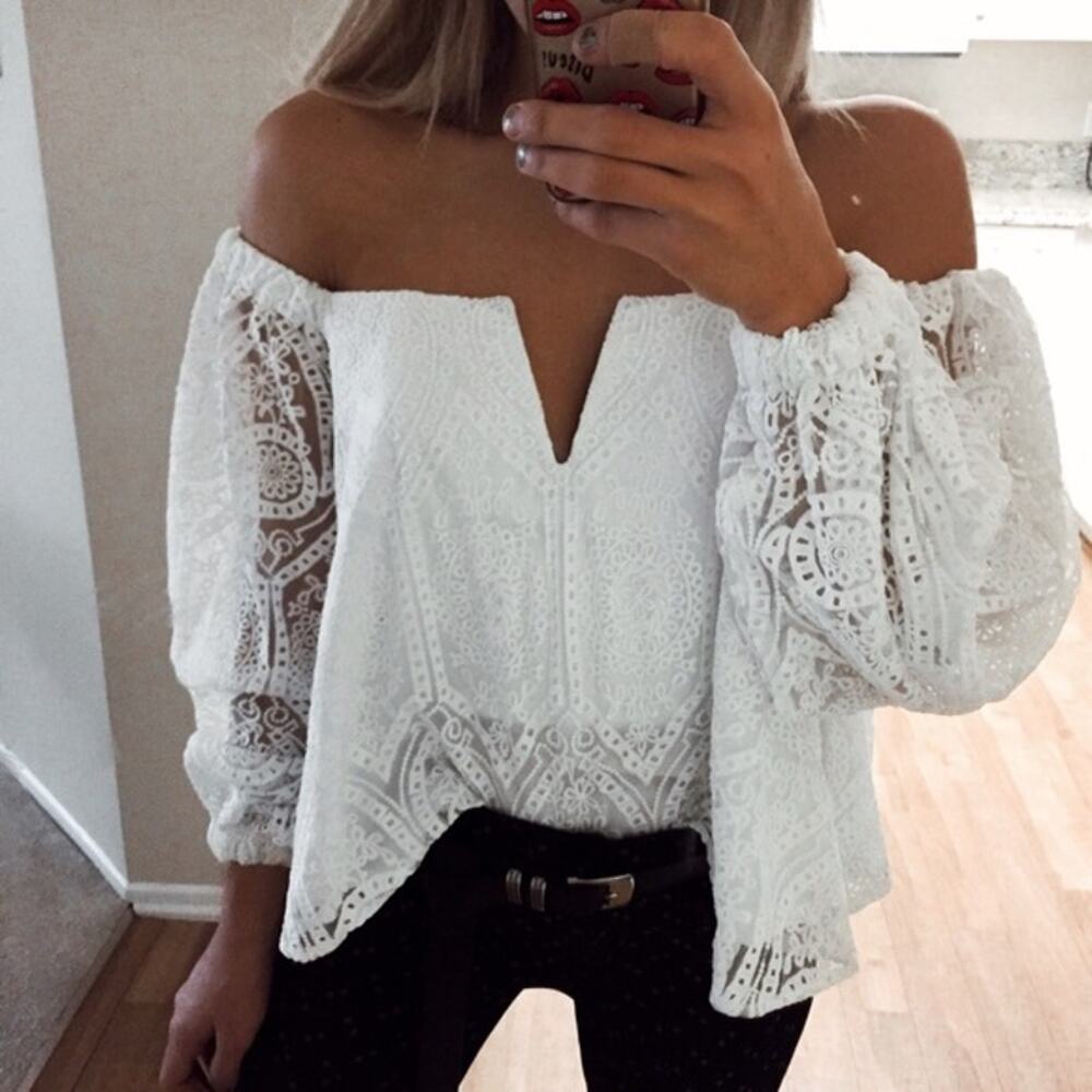 Ministry of Style White Lace Off Shoulder Peasant Blouse | US 4